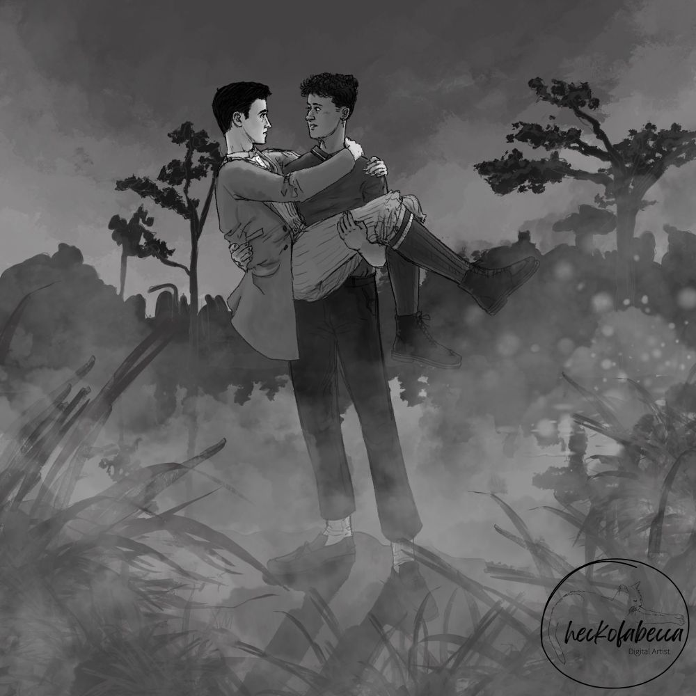 Grayscale digital painting of Charles holding Edwin in a bridal carry in a misty marsh. The boys are looking at each other with awe.