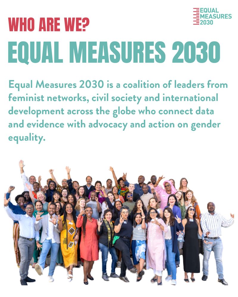 Graphic and text explaining who Equal Measures 2030 are:
Who are WE? Equal Measures 2030
Equal Measures 2030 is a coalition of leaders from feminist networks, civil society and international development across the globe who connect data and evidence with advocacy and action on gender equality. 
Below is an image of a large team of people cheering. 