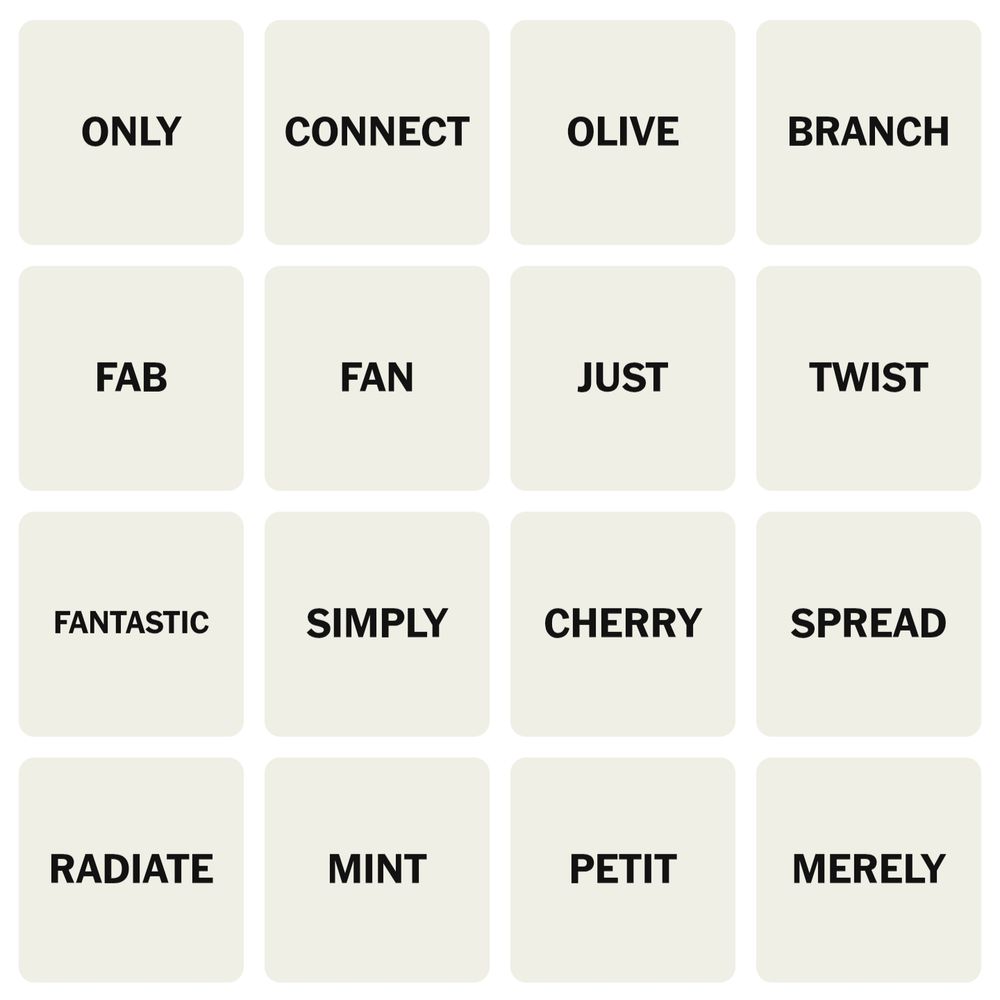 The first row of today's New York Times Connections puzzle reads "Only Connect olive branch"