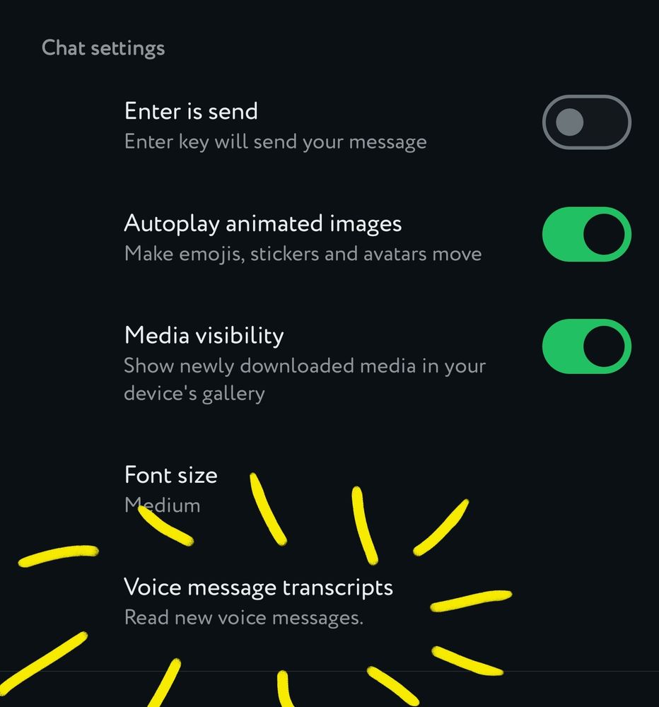 The WhatsApp Chat settings page with excited lines drawn around a setting for enabling Voice message transcripts