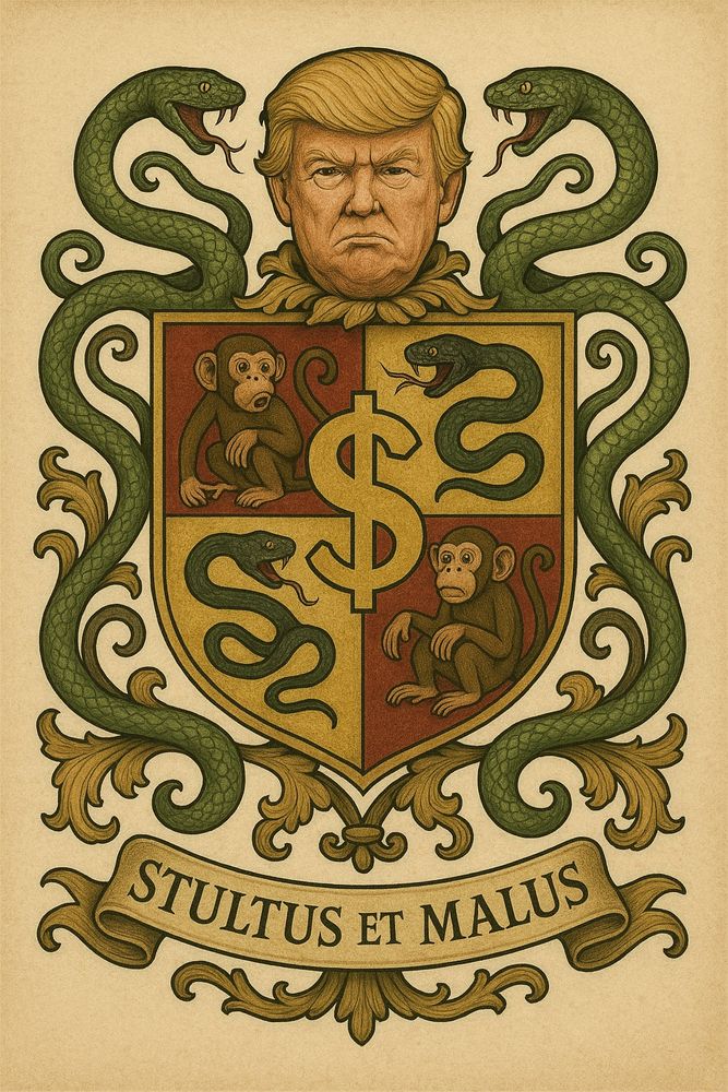 Trump’s coat of arms with the family motto, Stultus et Malus
