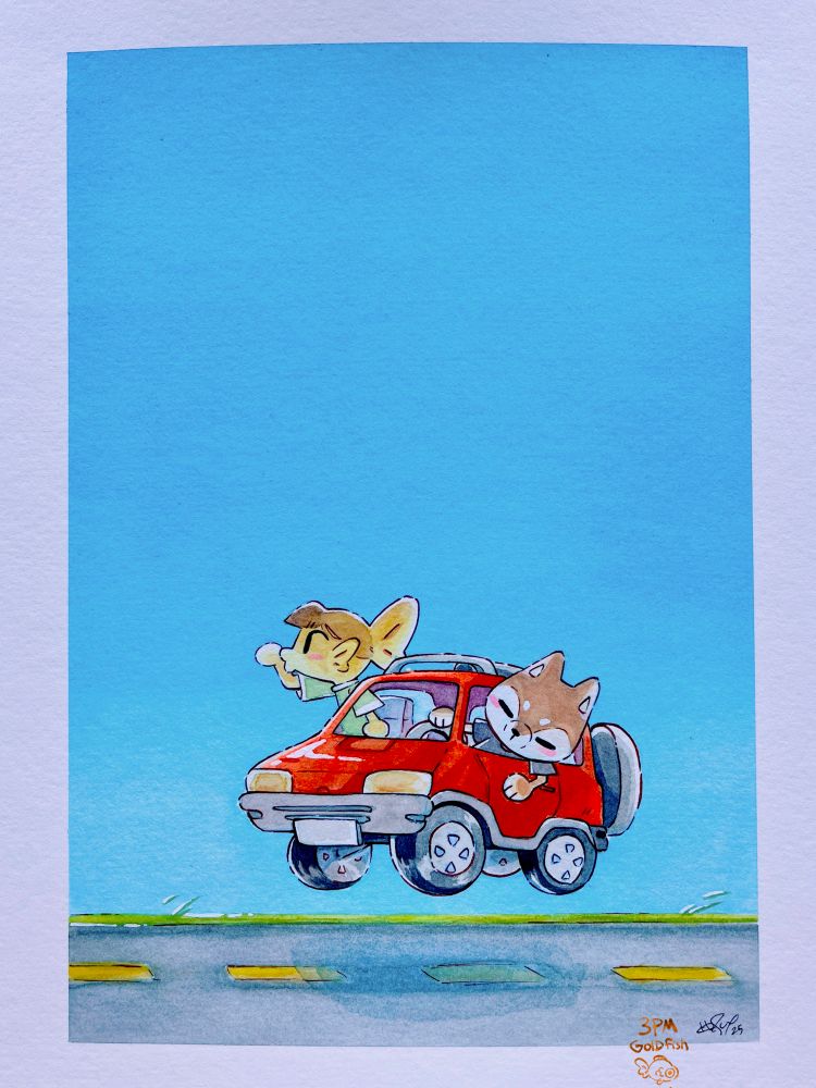 Watercolour painting of a little red rav 4 car with a Shiba Inu and goldfish character hanging out of it!