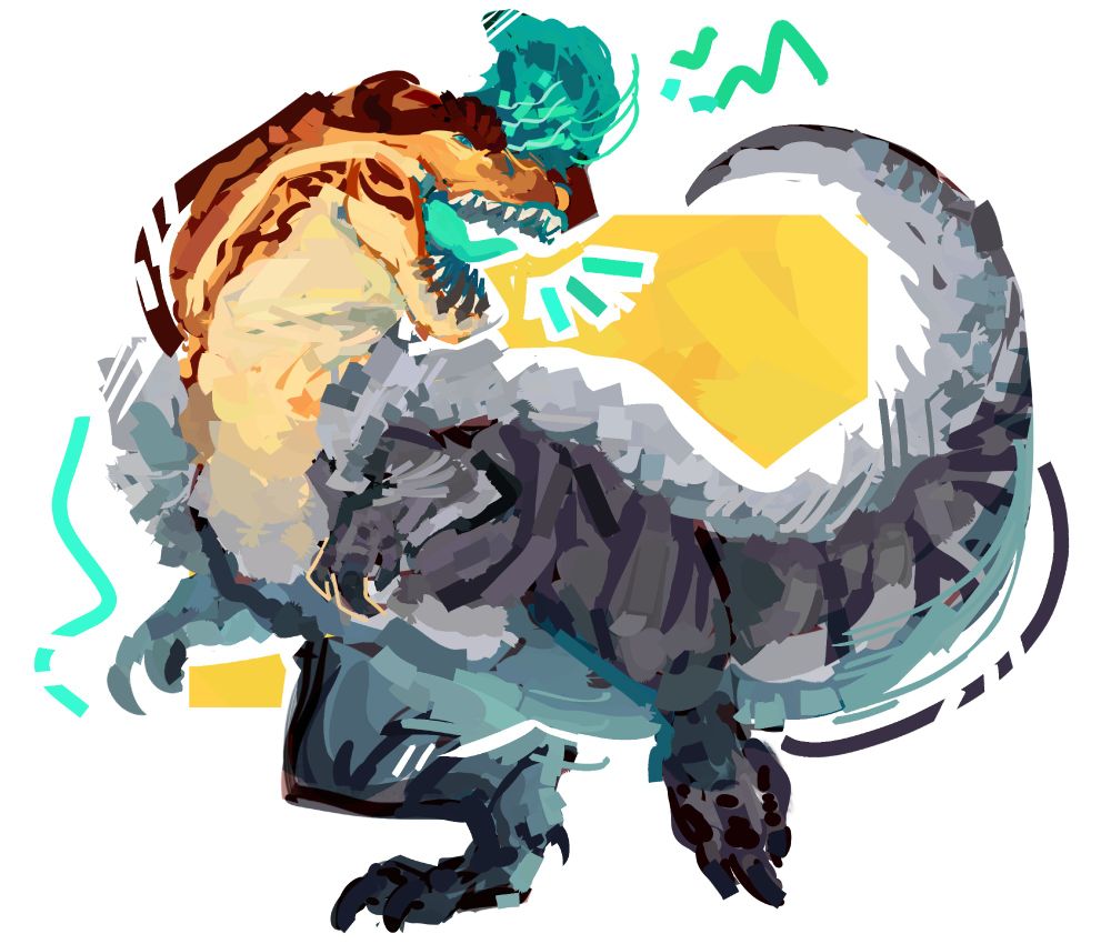 tempest, a fulgur anjanath from monster hunter, albeit more teal in coloring than typical fulgur anjanaths. tempest has one leg lifted, and head turned to one side in a roar. there are extra squiggles outlining the general figure for emphasis, and a yellow rectangular shape for a background.