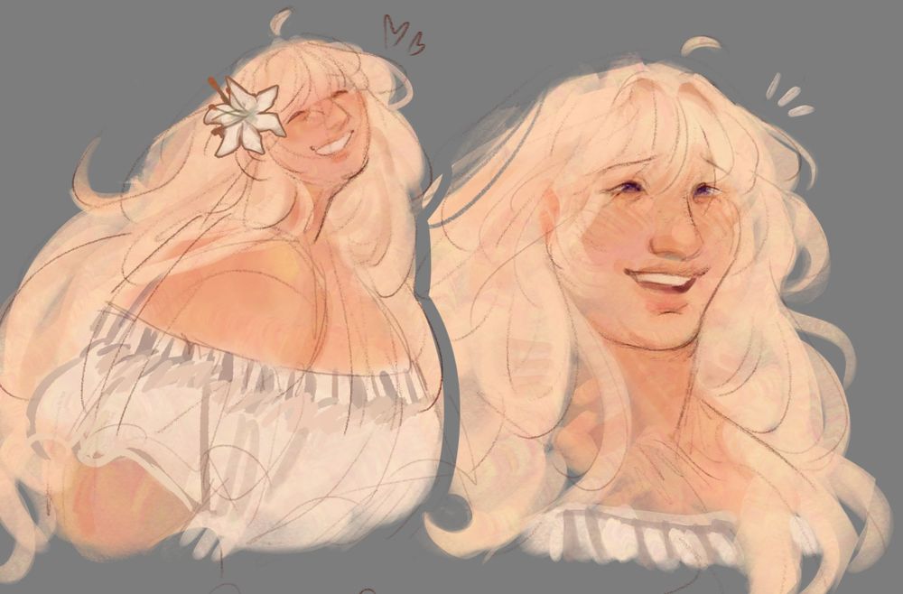 colored sketches of the artist's oc, aaralyn. left drawing has her in a white off-the-shoulder blouse, with a lily in her hair. she leans forward and smiles to the camera. right drawing is a bust, where she is also smiles, though off to the viewers right this time.