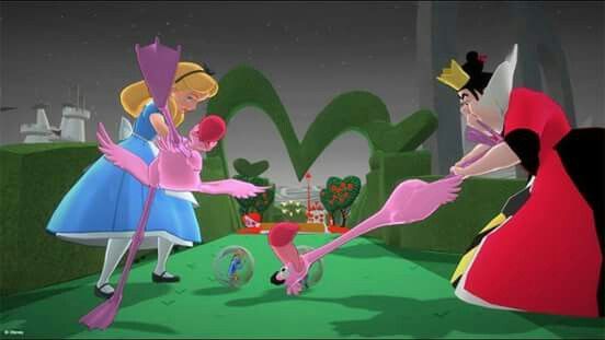Alice and the queen of hearts playing flamingo croquet
