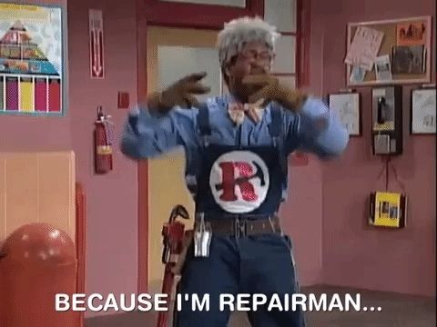 A gif of Repair-man saying his catch-phrase, "I'm Repair-man (man, man, man, man)," a character played by Kel Mitchell on the 90's children's sketch comedy show All That.
