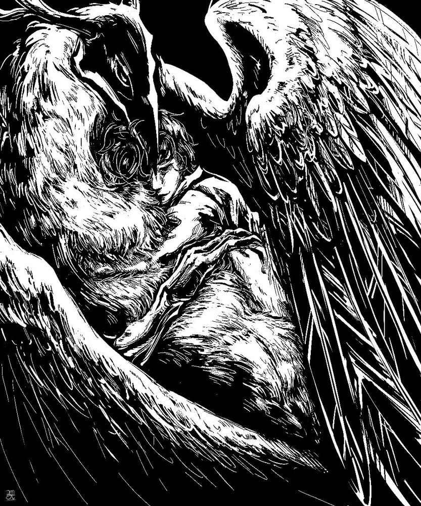 Person hugging a crow like monster.