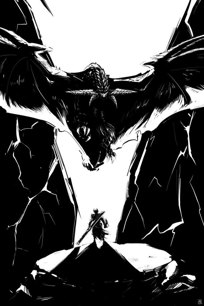 Art of Rey Dau from Monster Hunter Wilds facing a hunter on the edge of a cliff.