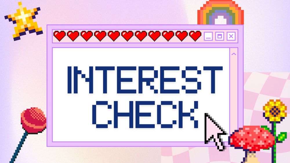 Pastel aesthetic with pixel elements like star, lollipop, rainbow, flower and mushroom. A window screen with interest check written on it with a cursor on top.

Yoonmin fic exchange