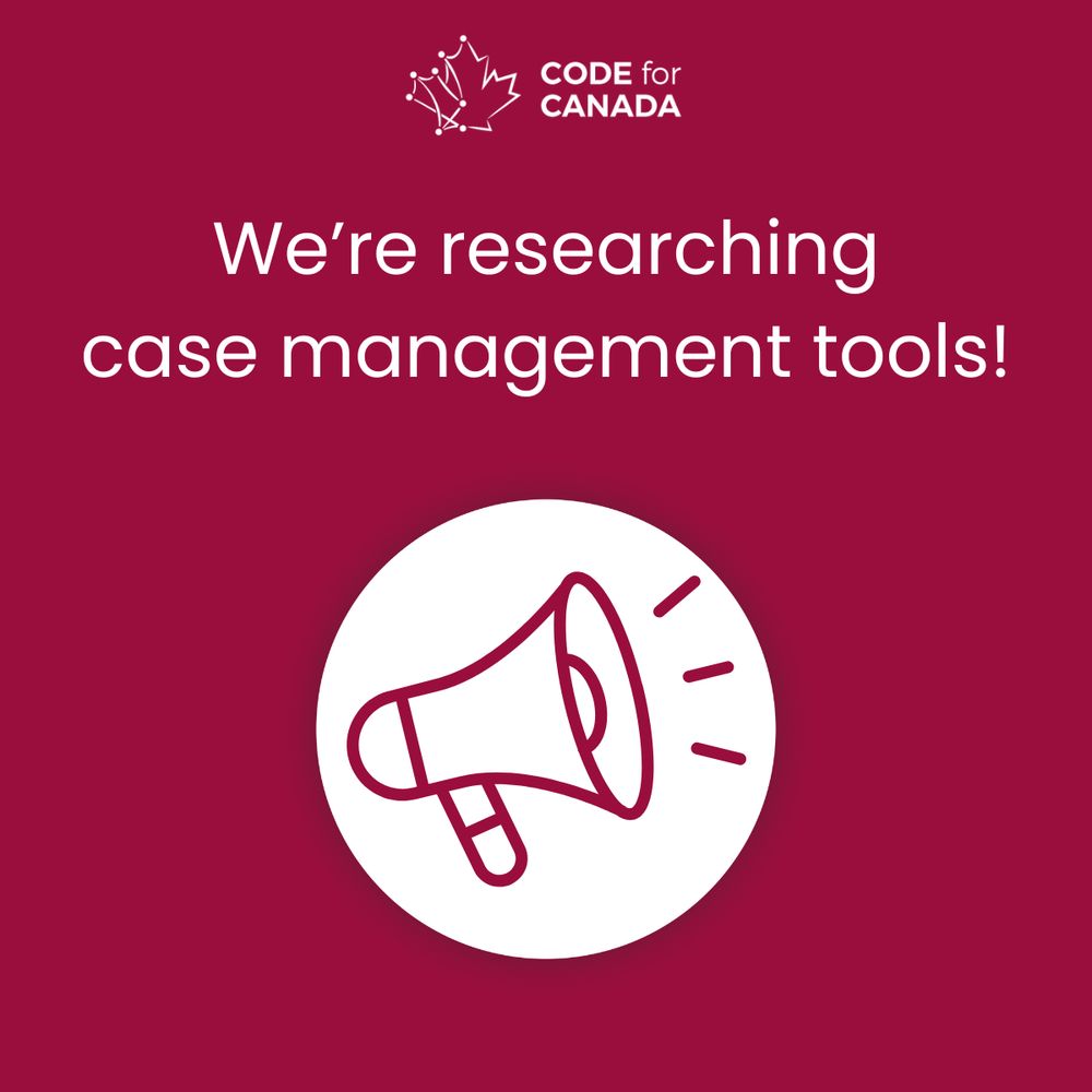 Maroon megaphone graphic on a white circle with text above: "We're researching case management tools!"