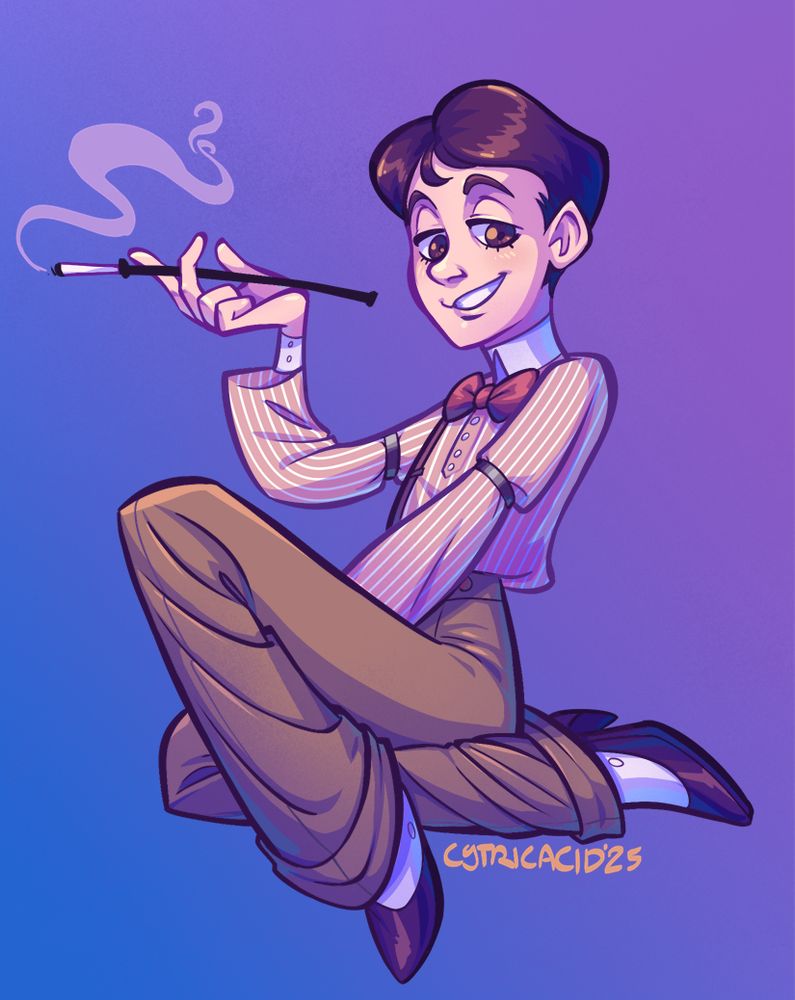 a lined drawing of H.C. Perry, a 20s dandy sort of guy sitting down on his leg while smoking a cigarette through a comically long cigarette holder