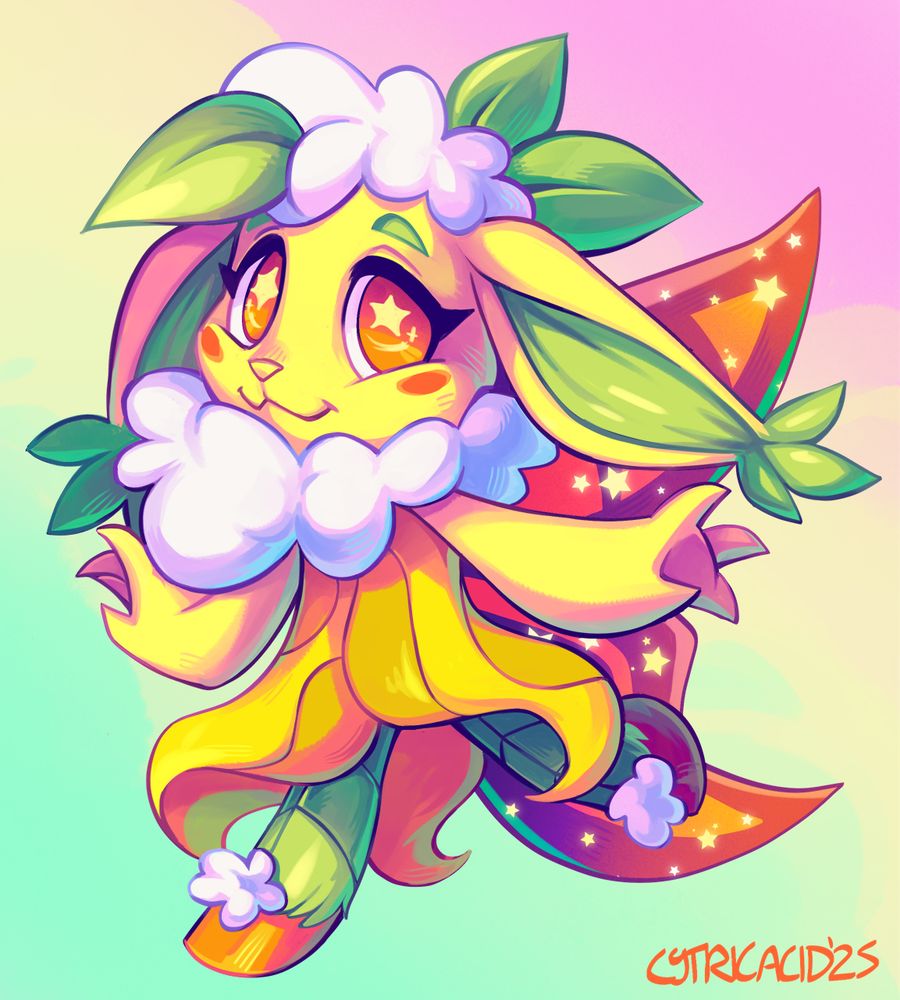 a painted drawing of Daffodil, a cute yellow and green fairy creature wearing a daffodil dress with cloudy white head and neck poofs and leaves poking out of her hair. She is skipping happily