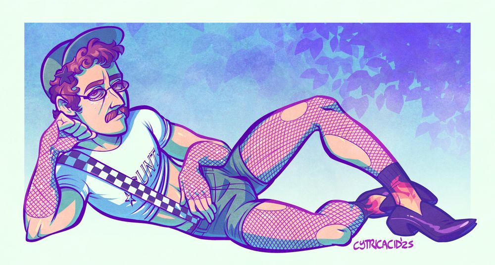 a tropical colored drawing of joey walker laying on his side in the same outfit he wore on 2025's drag night, a crop top that says cunt, booty shorts, fishnet leggings and arms, fire socks, dress shoes, one suspender.