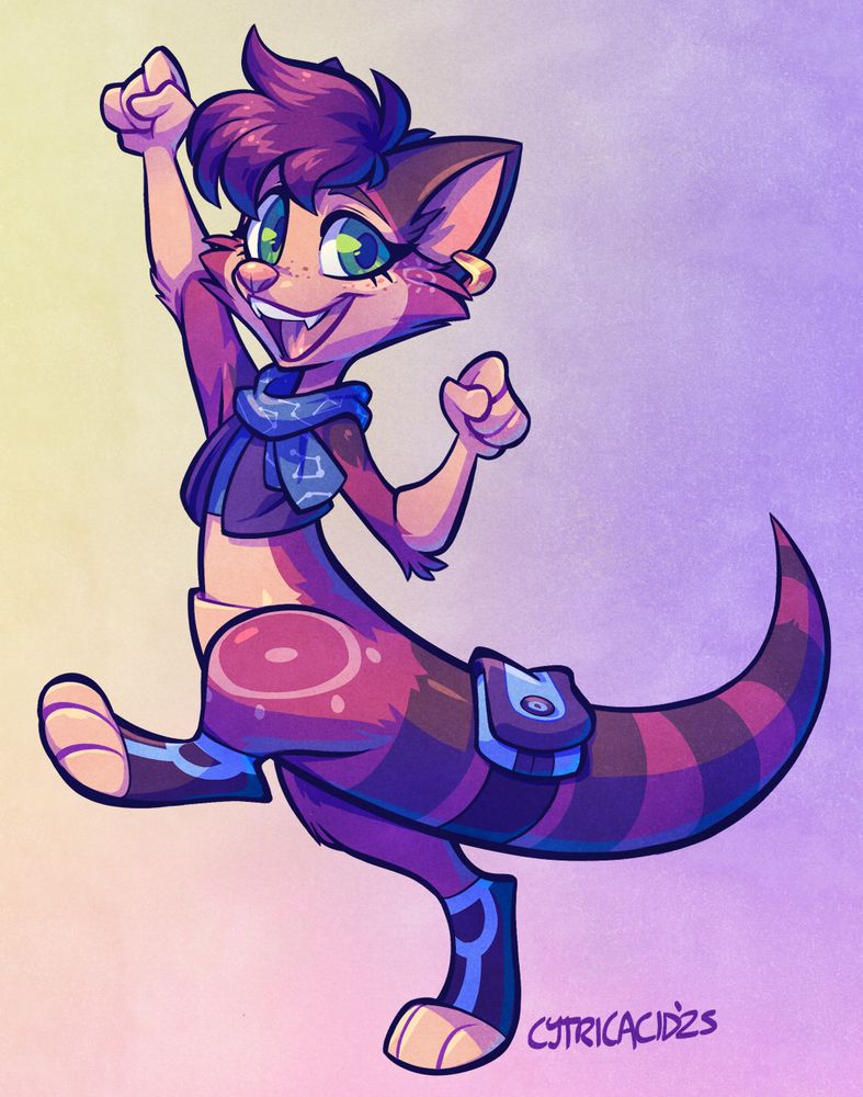 A drawing of Zoey, a red-purple and brown tree kangaroo toon. She's pumping her fist up in the air like Mario, ready for adventure!