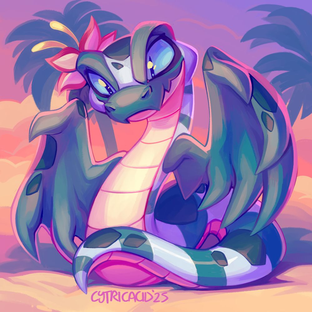 a Grundo's Cafe version of an Island Hissi in a sunsetty palm tree environment