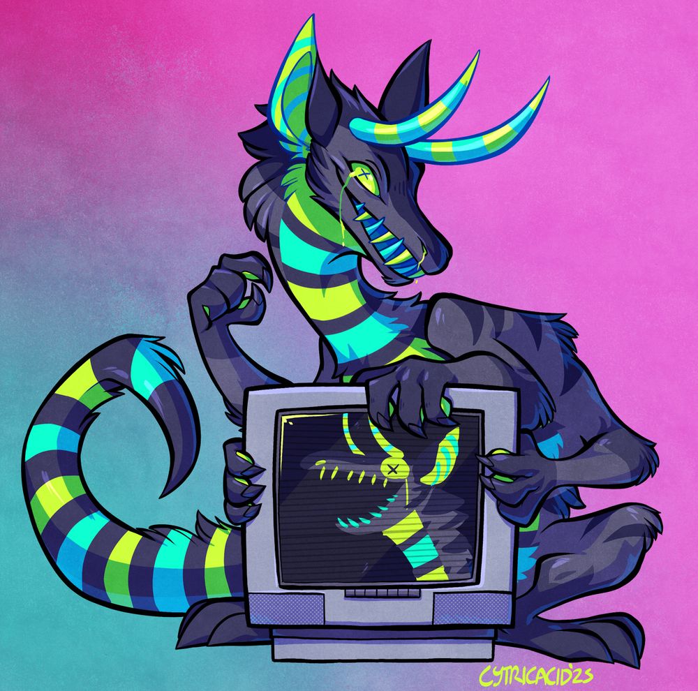 a drawing of Harvey, a 6 limbed dragon creature crouched around an old CRT TV with an image of her face on it. She's proud of this and pointing at her own face on the screen :)
