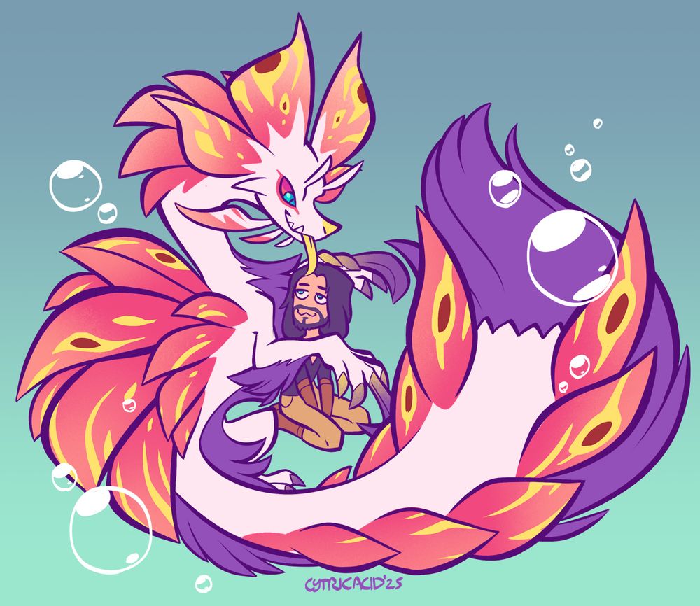 a digital drawing of a cute mizutsune curled up around a human guy named Leon. he is licking the humans head cutely