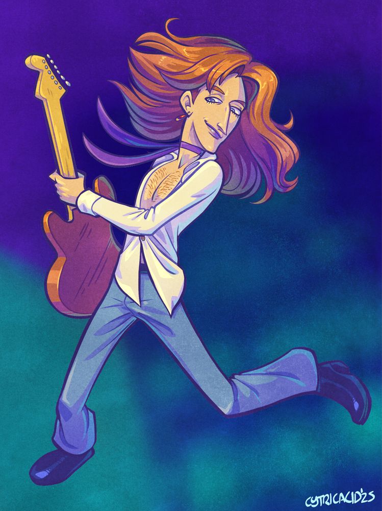 a drawing of samson, a 70s styled glam rock guy with orange hair and guitar. he's jumping in the air throwing his guitar around