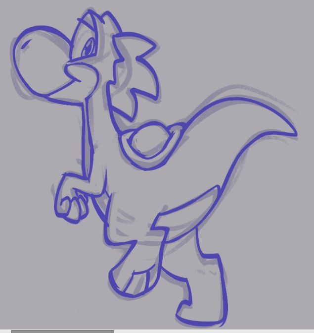 a digital sketch of a yoshi with paws from a behind angle