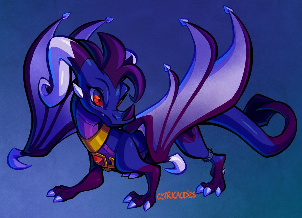 A drawing of Moonstone, a dark blue and purple dragon with hooked wing claws and gold neck brace. She is very cute
