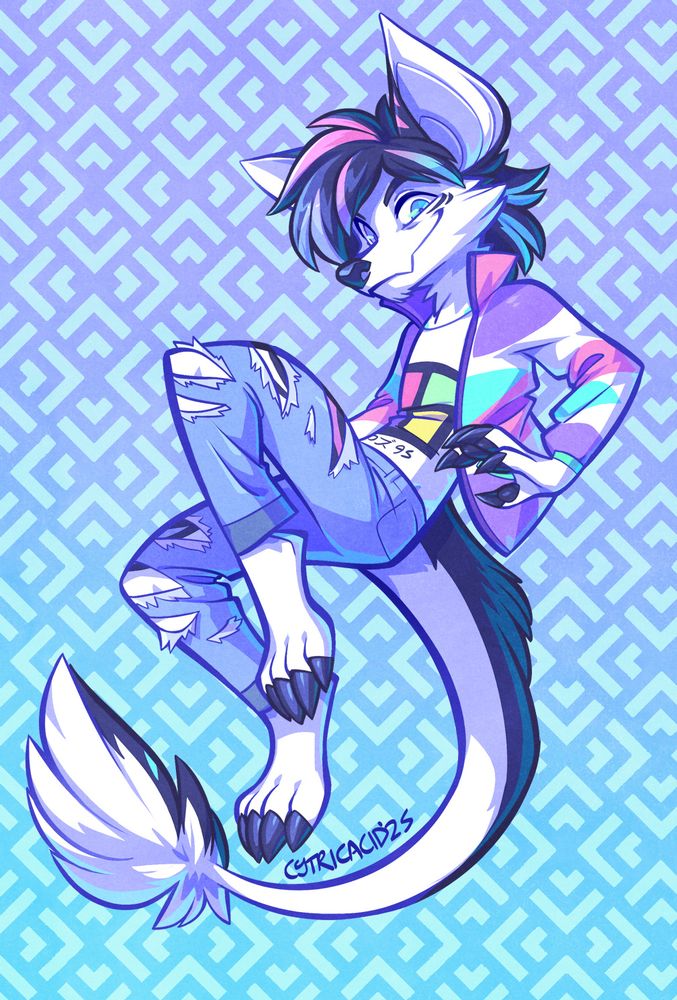 A drawing of En1gmatic, a dog-like furry with a vaporwave outfit on jumping in the air and looking cool and pastel
