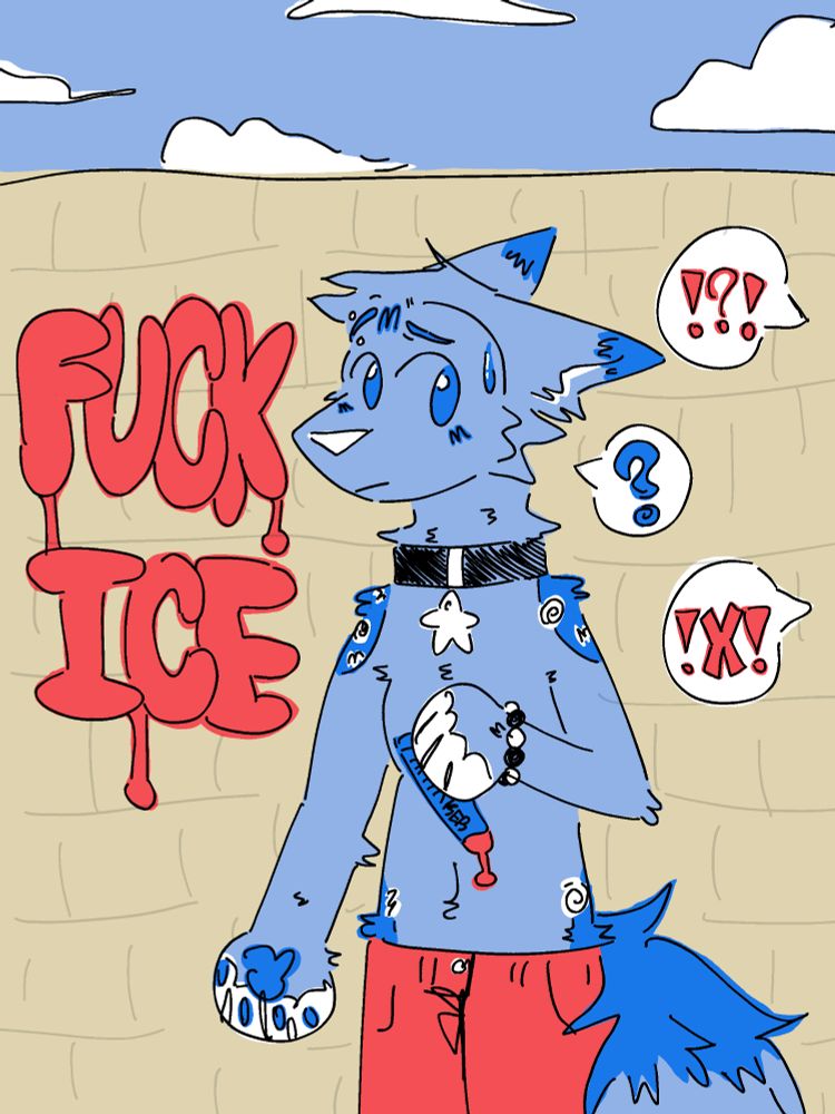 furry writing FUCK ICE on a wall