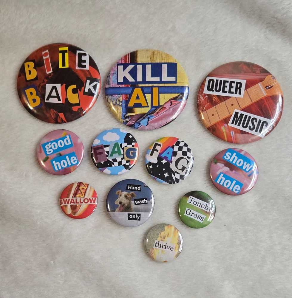a bunch of collage style button pins