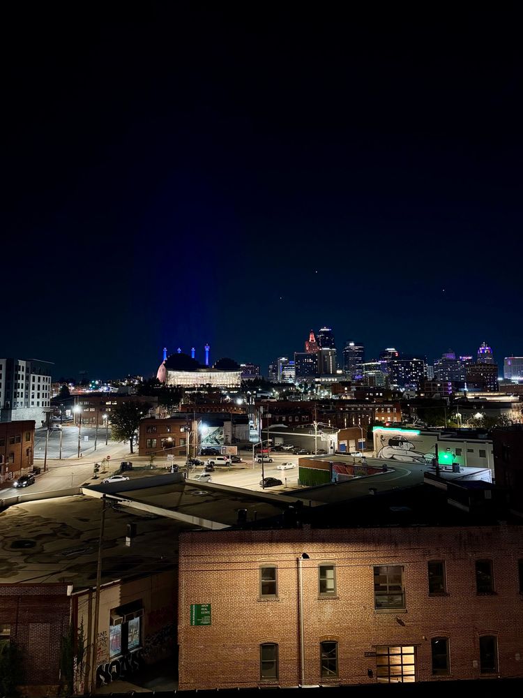 The Kansas City Missouri skyline from a hotel roof deck at night