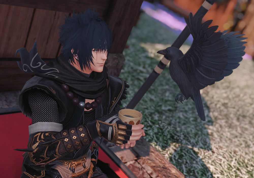 kazuma sipping his green tea and smiling when visited by his crow companion