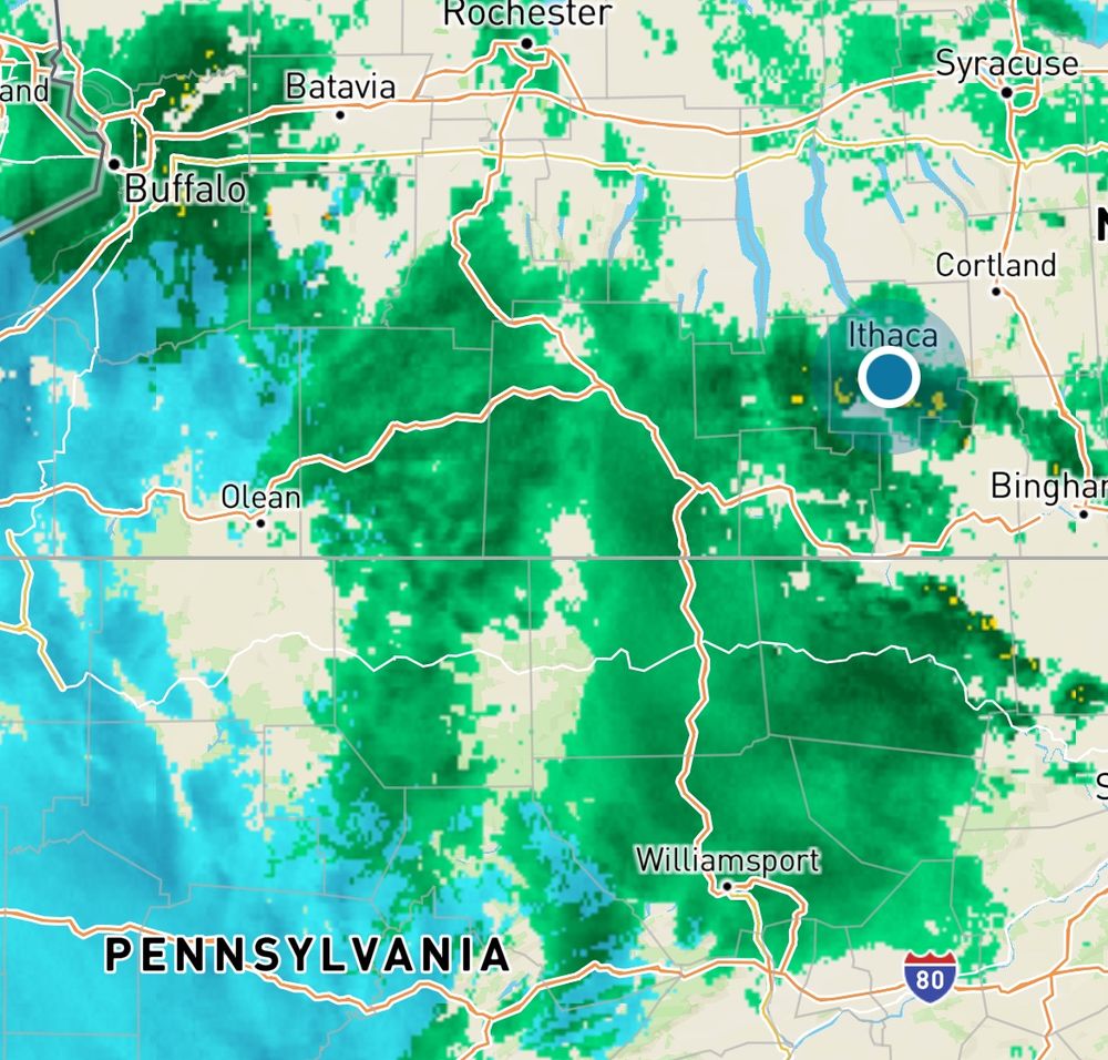 A screenshot of weather radar full of rain and snow