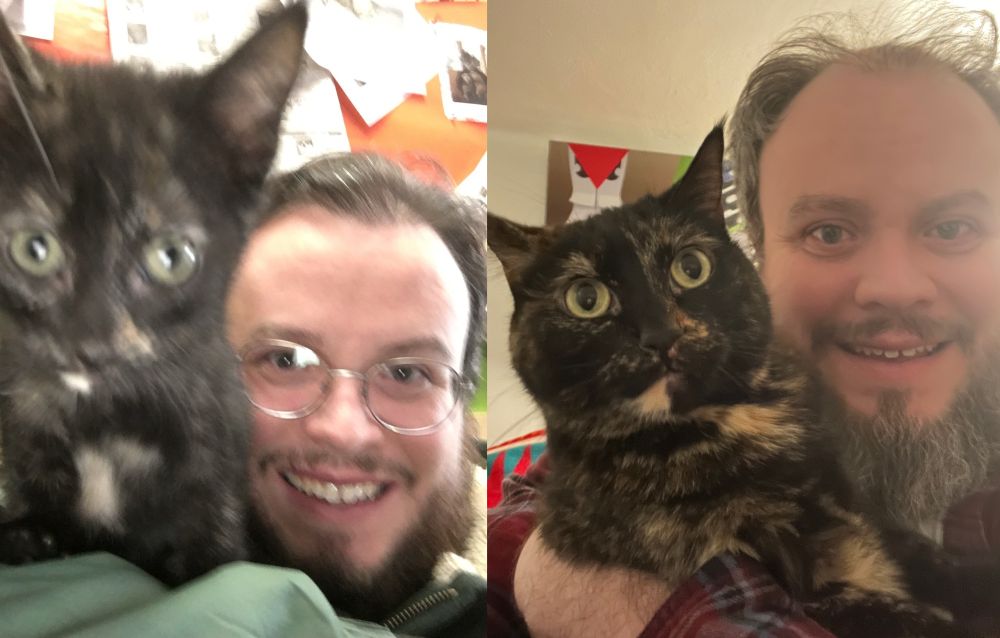 Two side by side selfies of me, one holding my Tortie cat as a young kitten and one as an 8 year old cat 
