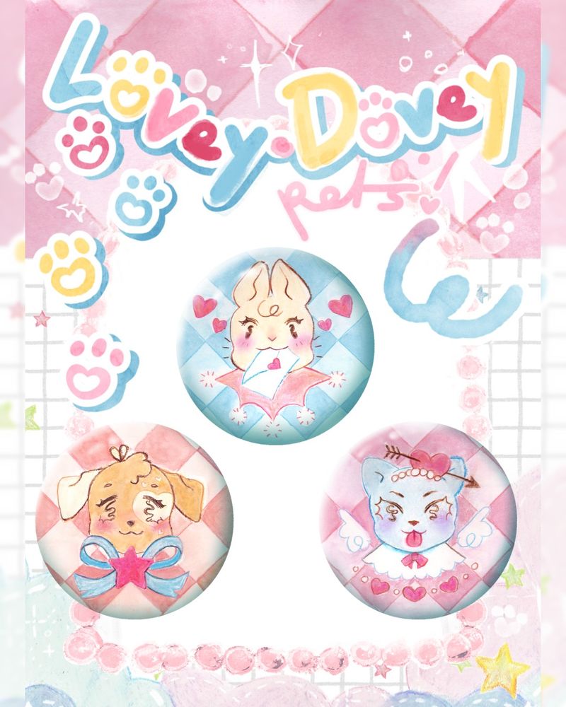 button badges valentine's day theme of a cat, a bunny and a dog