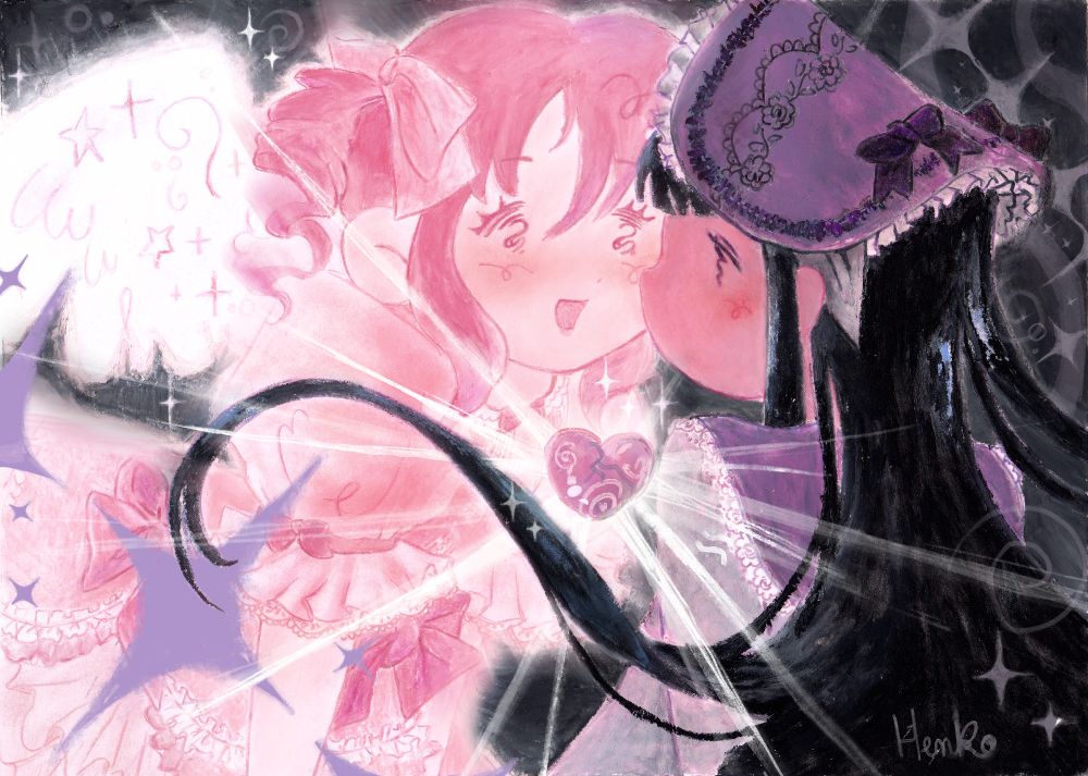 a fanrt of Puella Madoka Magica of Madoka and Homura. Madoka is laying over Homura, shinning like an angel (well.. She has angel wings). A heart is shinning between them.  They're wearing the NyaNya x Puella Madoka Magica EGL dresses