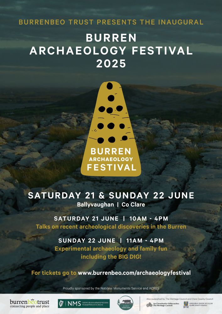 Burren Archaeology Festival Logo and poster. Background of limestone pavement.