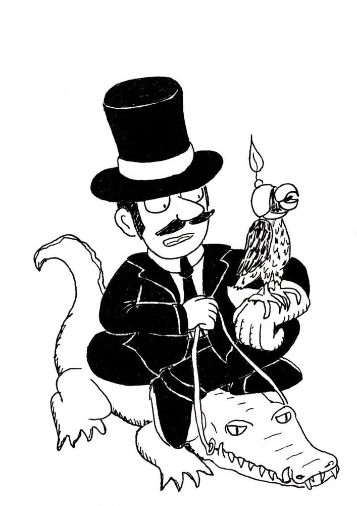 Homme en costume et haut-de-forme assis tailleur sur un crocodile, un faucon au bras.