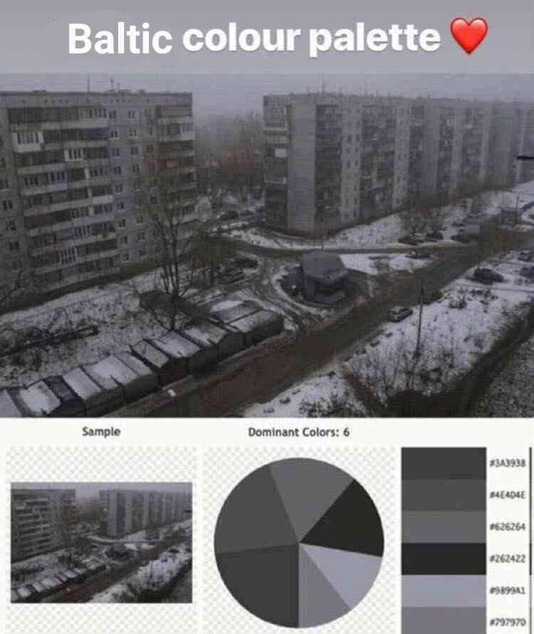 Baltic color palette ❤️
Image: grey urban landscape sprinkled with snow
Image 2: charts of the main color scheme (all greys)