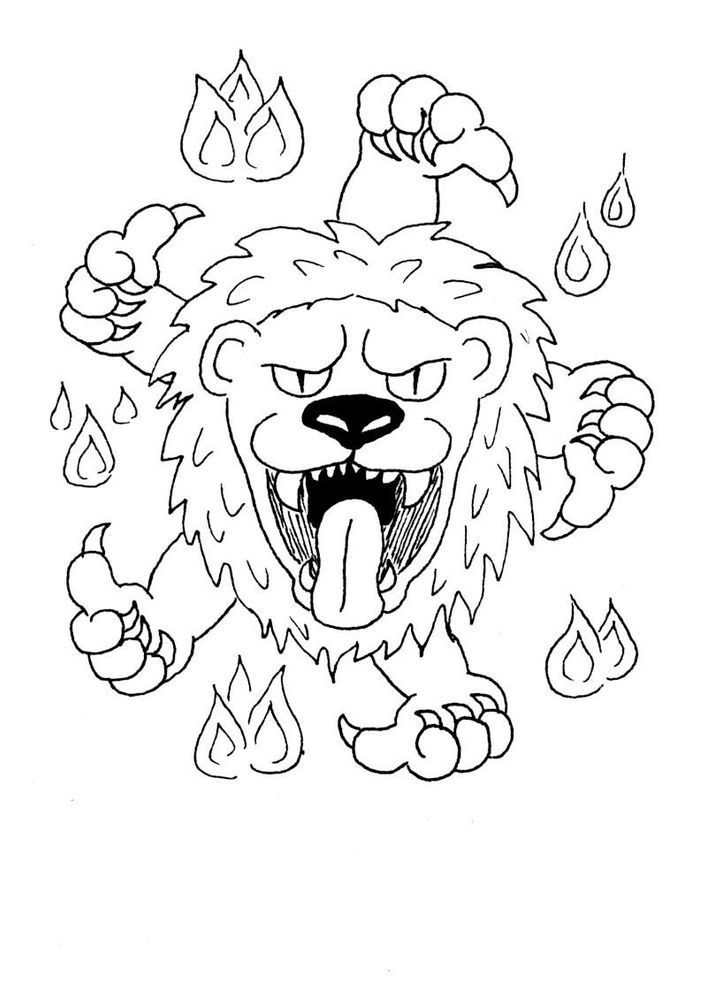 Démon à la tête de lion entouré de flammes et de pattes faisant un pouce vers le haut
