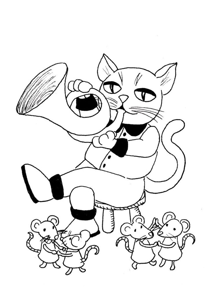 chat anthropomorphe jouant du cor, devant lui des souris dansent.