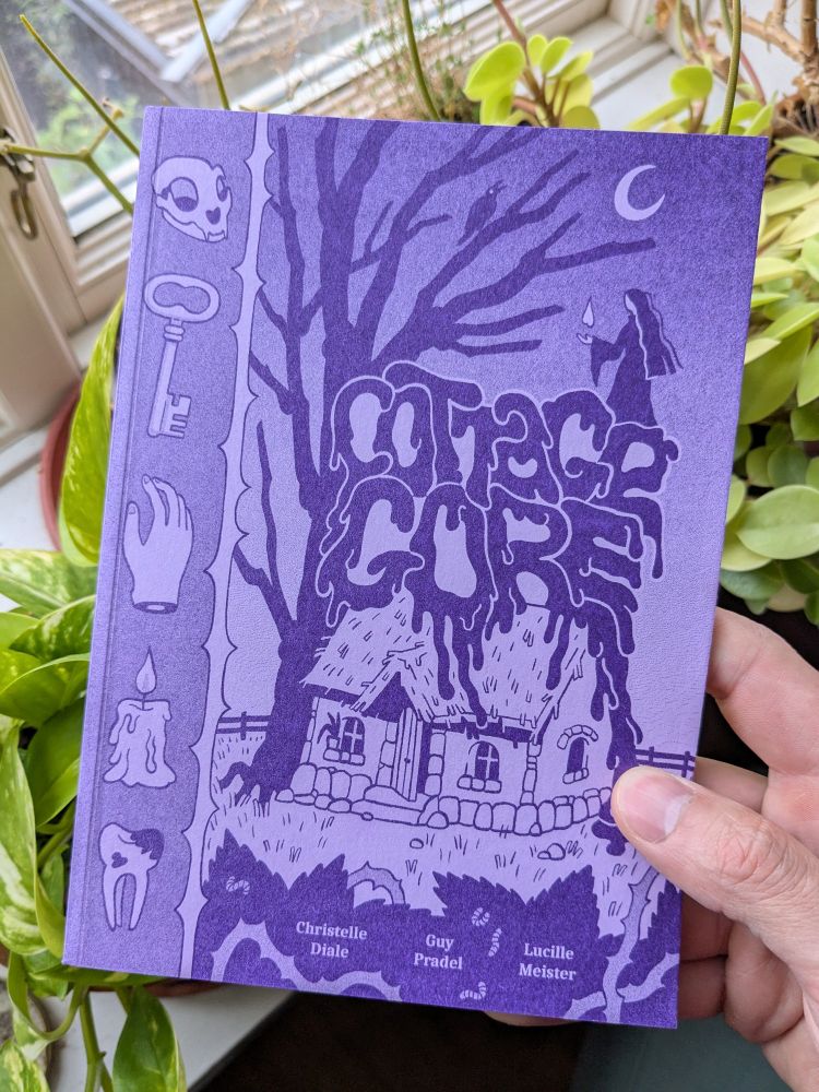 La couverture en papier violet et encre violette. On y voit une chaumière recouverte du titre dégoulinant "cottage gore"