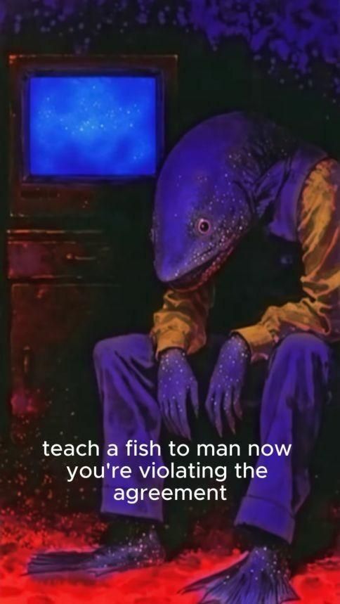Text: teach a fish to man now you're violating the agreement 
Image: anthropomorphic fish in a shirt looking distressed