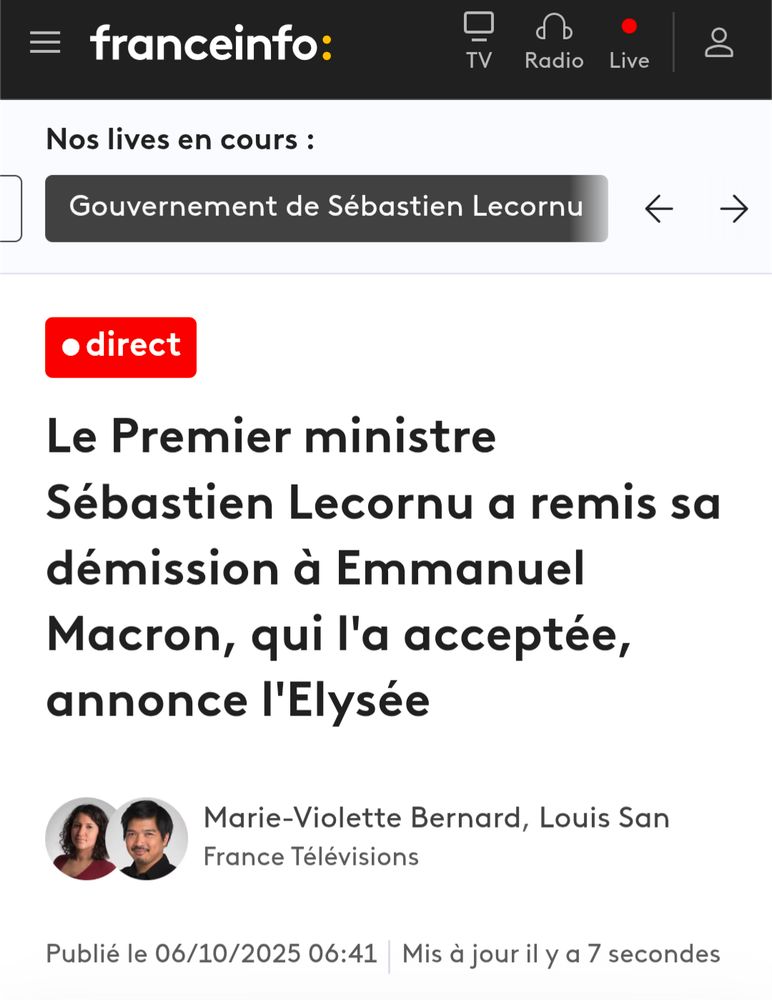 Le premier ministre Sébastien Lecornu a remis sa démission à Emmanuel Macron, quu l'a acceptée, annonce l'Elysée