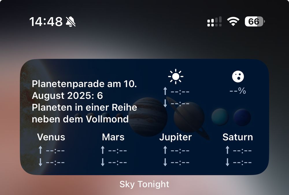 Screenshot aus Sky Tonight, am 10.8. sind 6 Planeten in einer Reihe neben dem Vollmond.