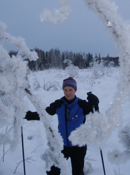 Me, age 24 or 25, cross country skiing in Talkeetna amongst hoar frost 
