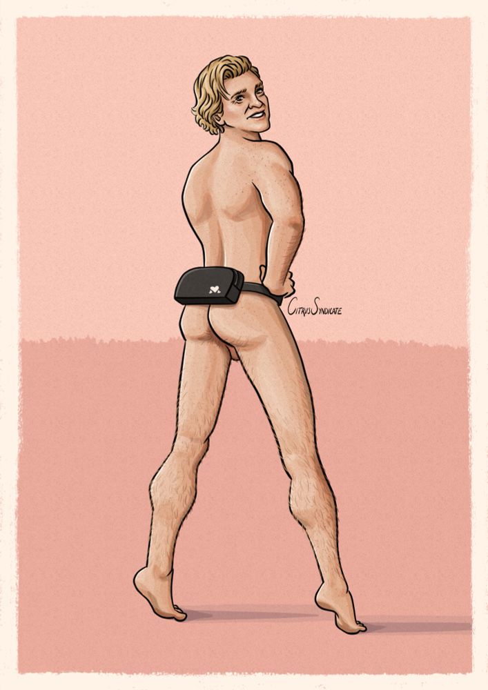 A digital drawing of Stede Bonnet from Our Flag Means Death looking over his shoulder, wearing nothing but a fanny pack/bum bag (depending on where you learned English) which partially covers his bottom. He’s posed coyly, like a pinup model. 