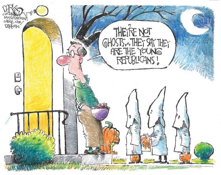 Kids in KKK Halloween costumes and an adult saying “They’re not ghosts, they are Young Republicans!”