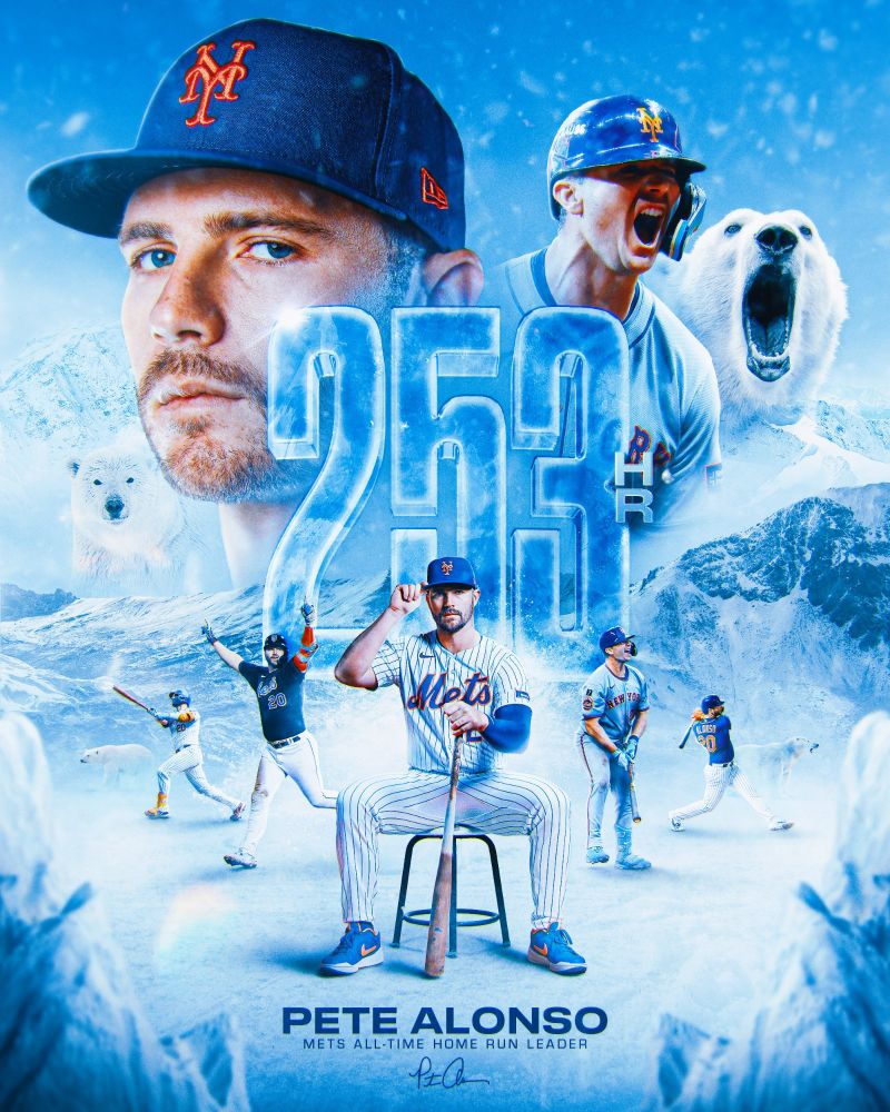 A graphic depicting Pete Alonso of the mets in a collage with polar bears stating he has hit 253 home runs, which is a new all time home run record for the New York Mets franchise.