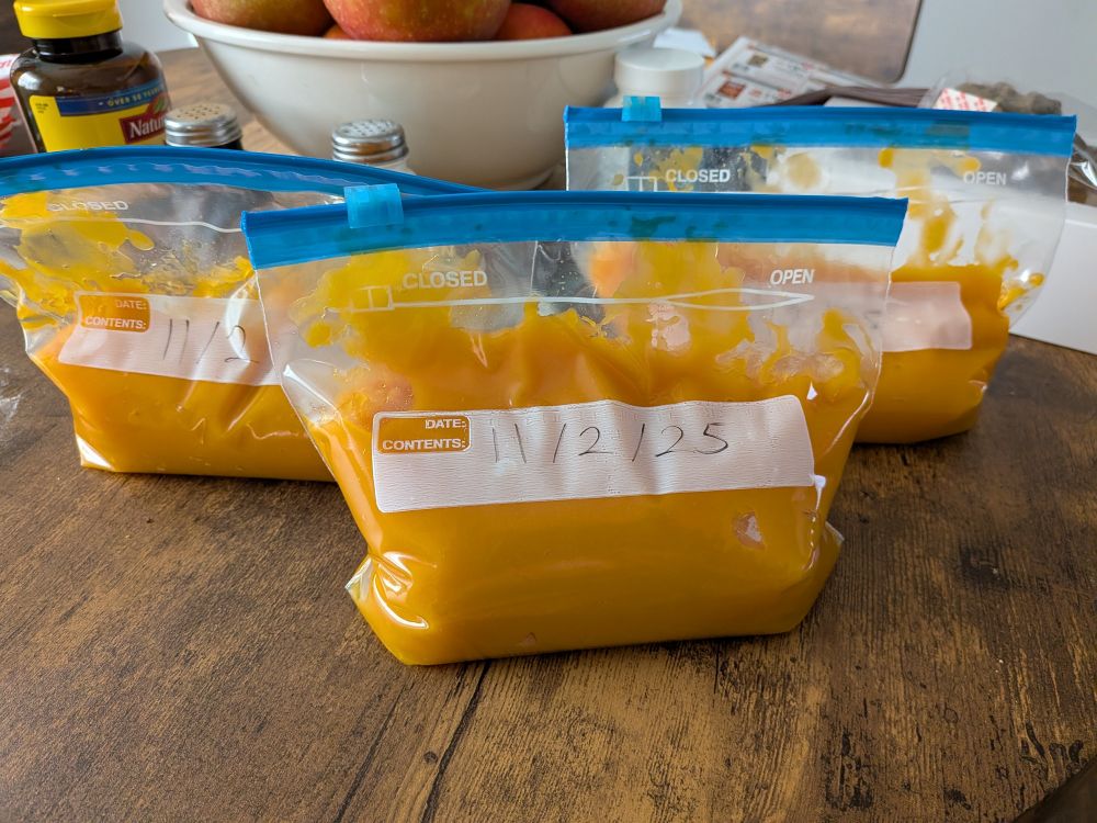 Three freezer bags filled with homemade pureed pumpkin, dated 11/2/25. They are ready for freezing for future use.