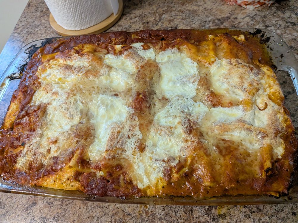 A pan of freshly baked lasagna, with melted cheese and bubbly red sauce covering it.