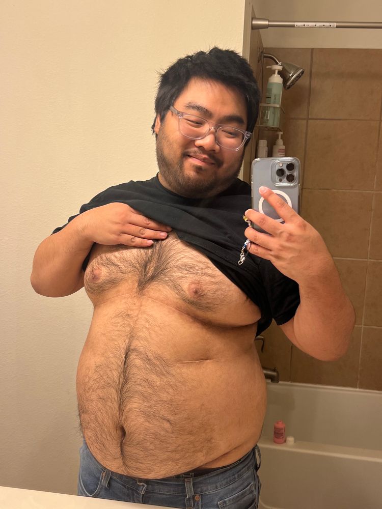 Hairy chub mirror selfie with visible chest and belly