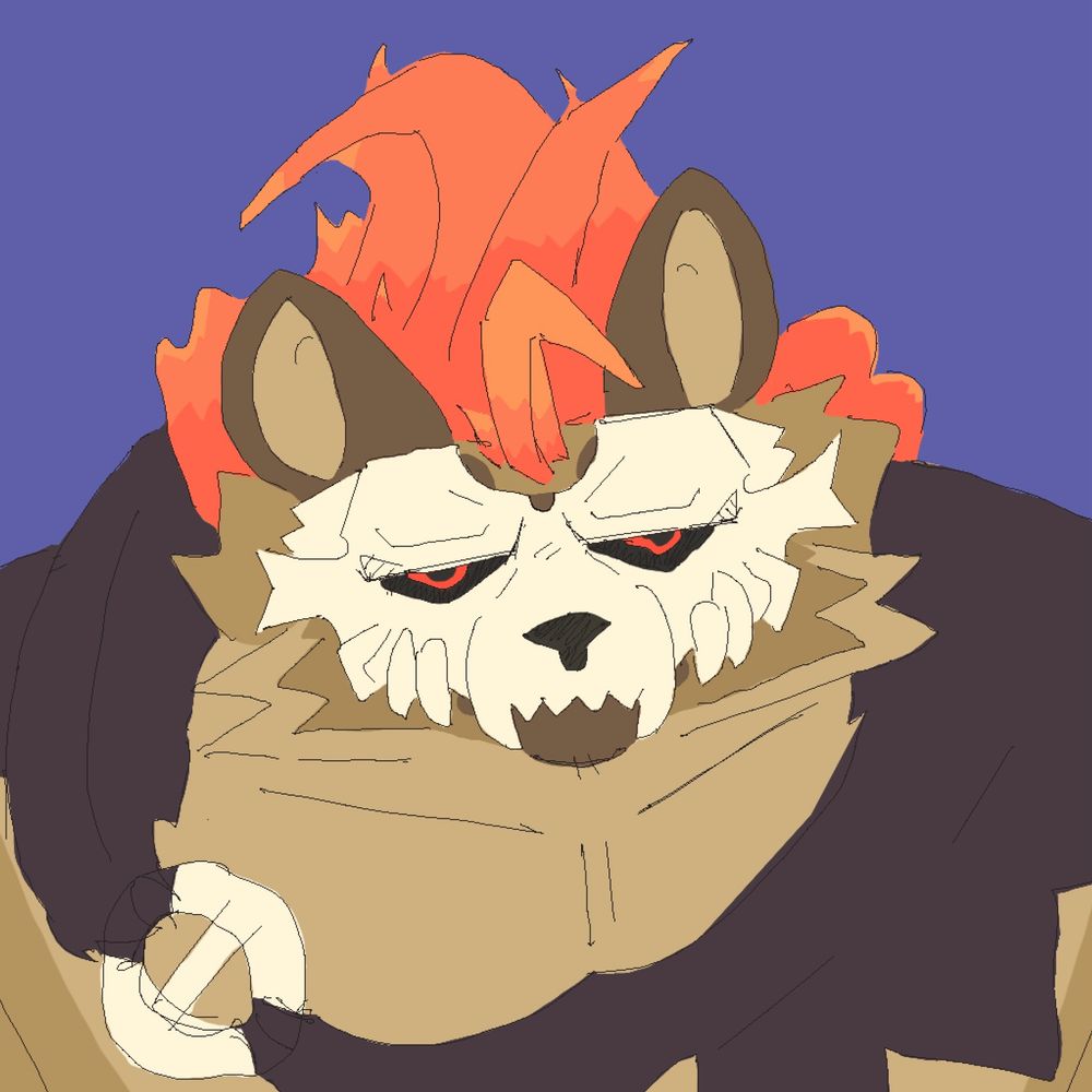 forsburn from rivals of aether (anthro hyena with a skull mask and firey hair) looking tired / grumpy 